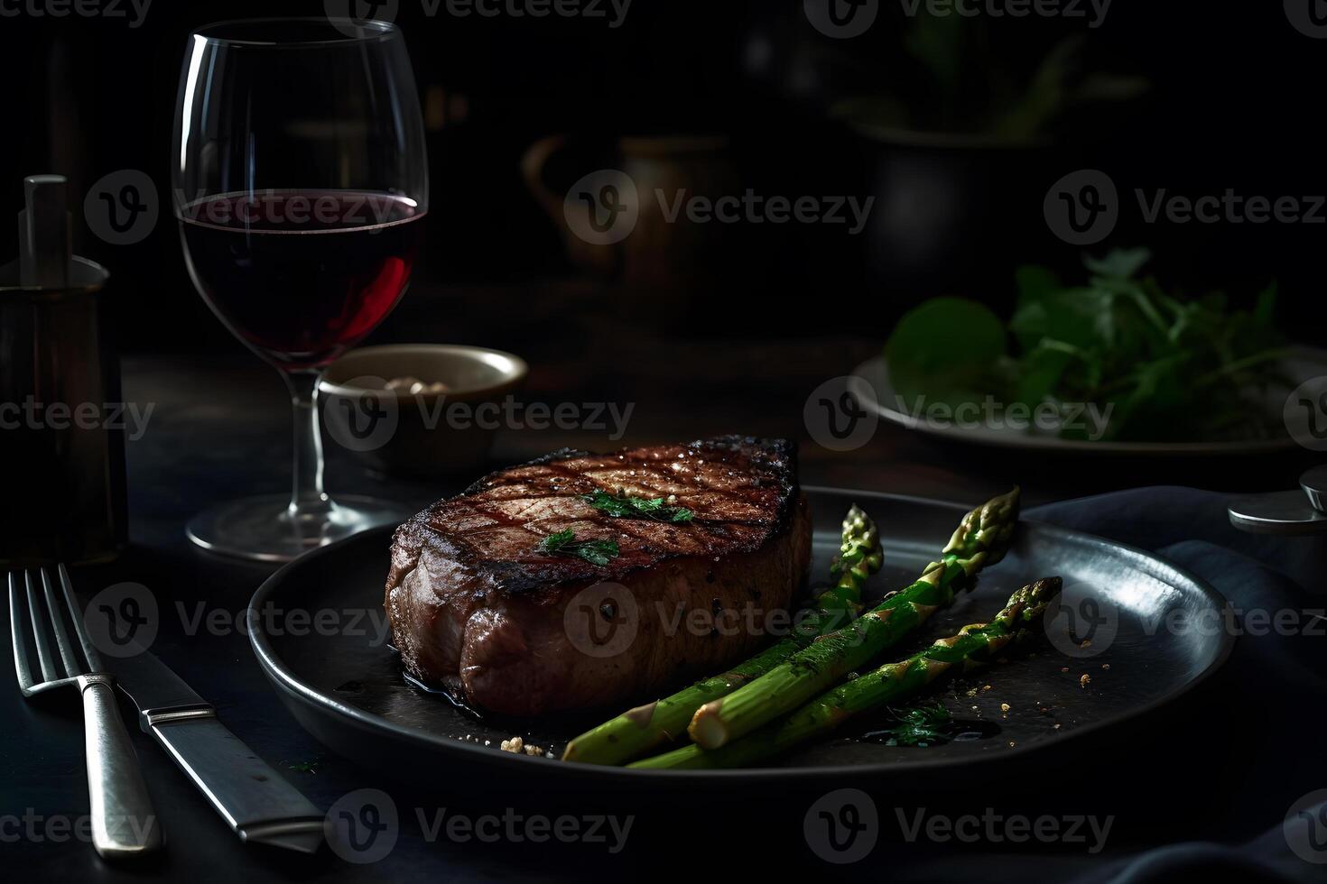 immer noch Leben Abendessen mit Gourmet gegrillt Steak und Gewürze. neural Netzwerk ai generiert foto