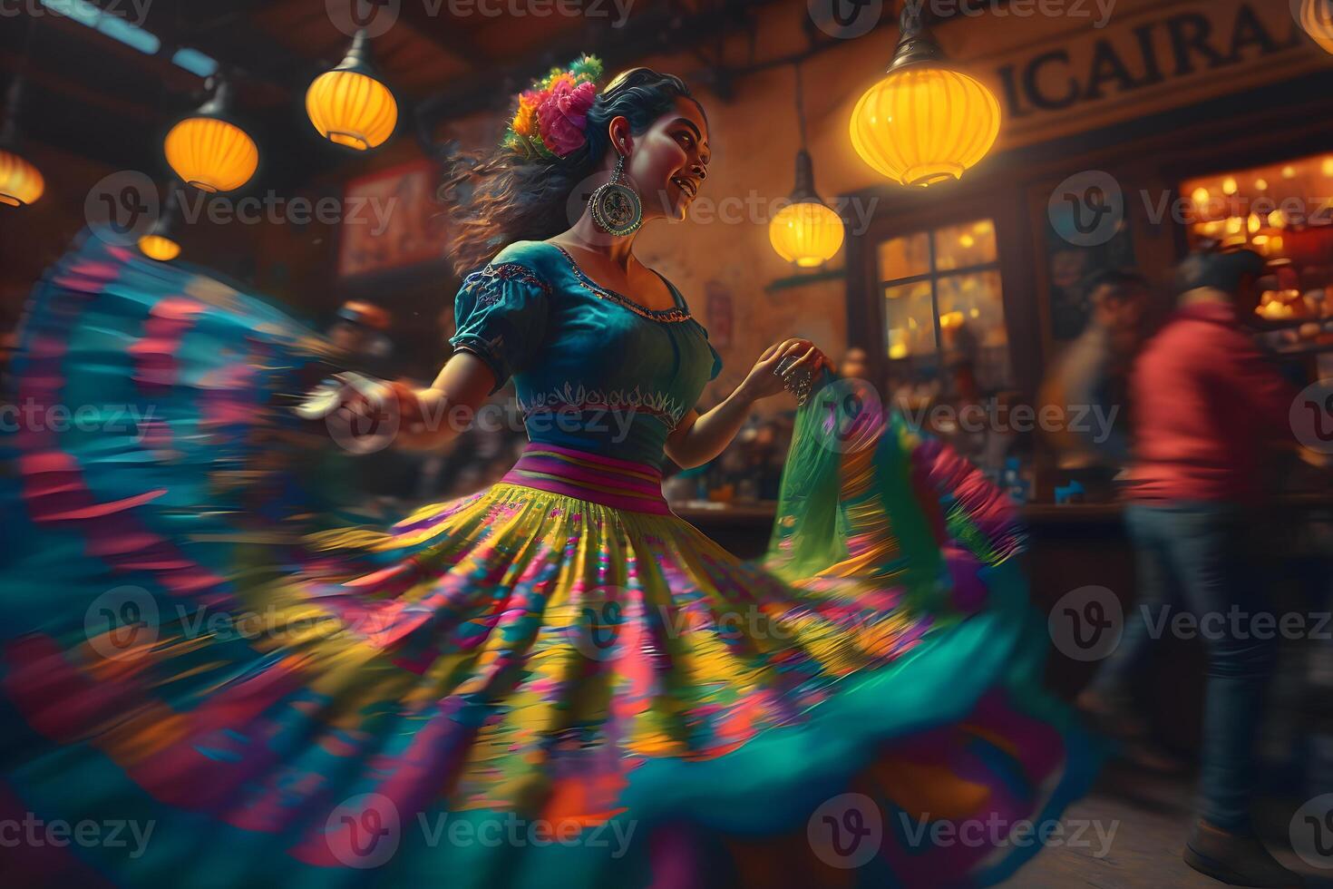 Tänzer nimmt teil beim das cinco de Mayo Festival im Bewegung. neural Netzwerk ai generiert foto