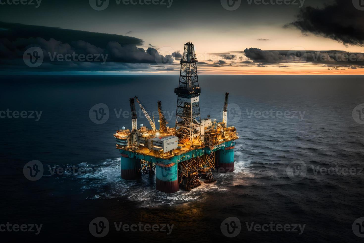 Antenne Aussicht Off-Shore Bohren rig Jack oben beim das Off-Shore Ort während Sonnenuntergang. neural Netzwerk generiert Kunst foto