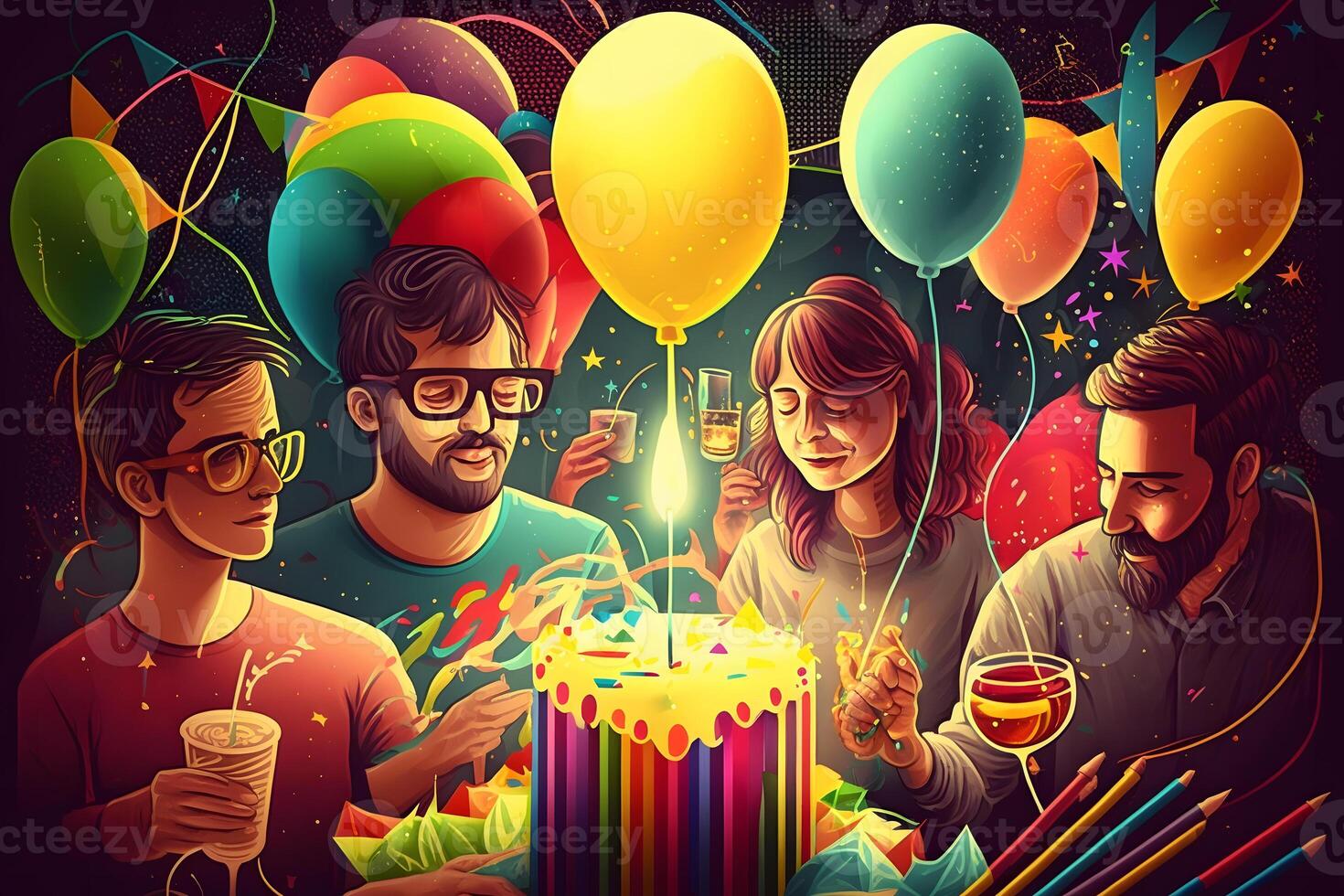 Geburtstag Party Feier mit freunde und Kuchen. neural Netzwerk ai generiert foto