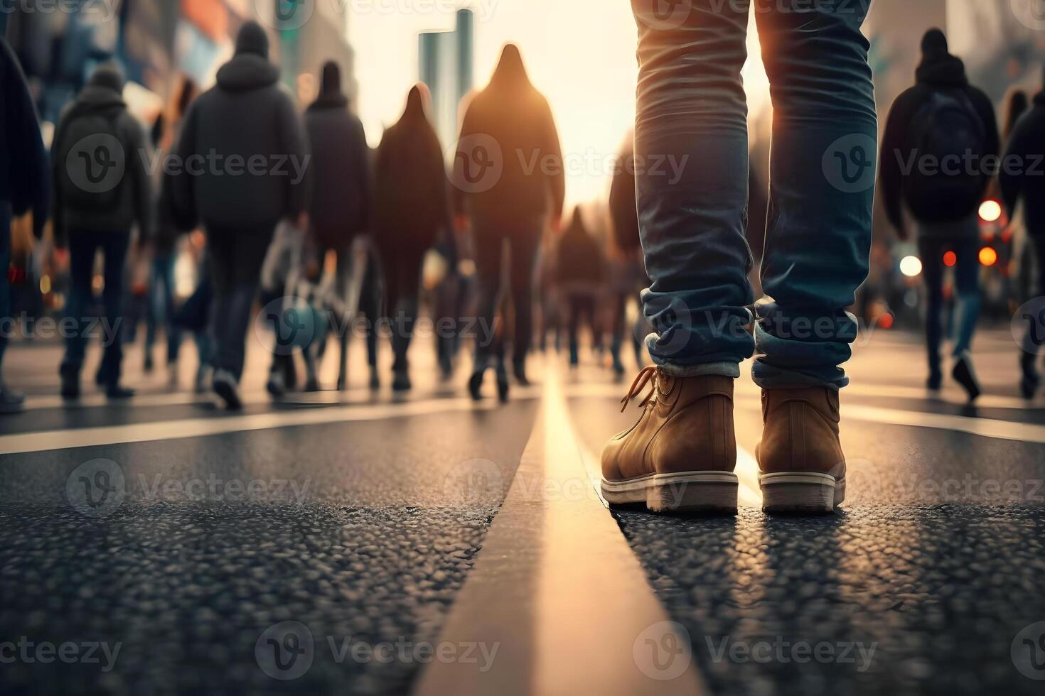 Gruppe von Menschen Gehen auf das Zebrastreifen. neural Netzwerk ai generiert foto