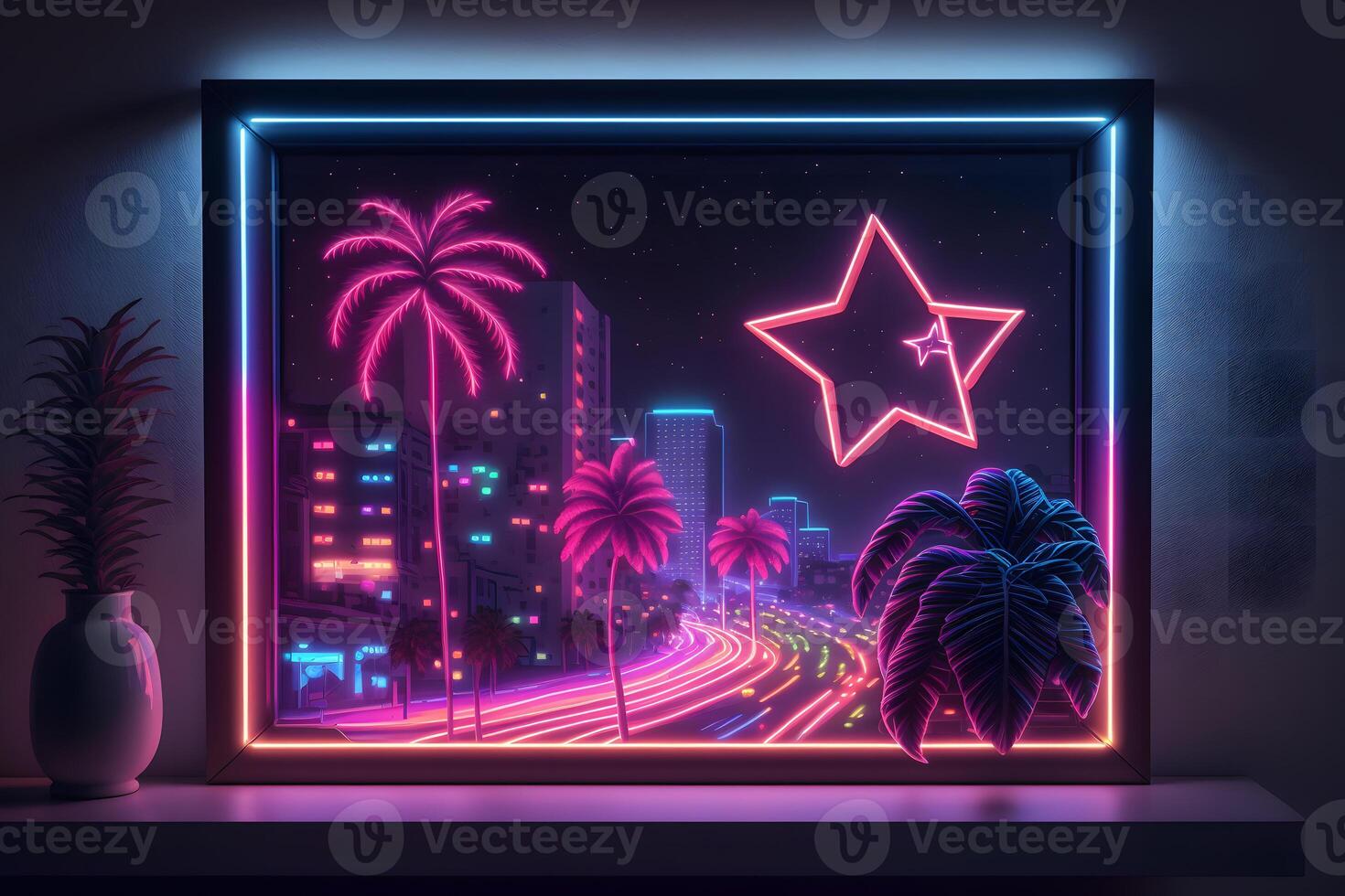 Synthwave Neon- Landschaft mit Palme Bäume und Sonnenuntergang. retro Stil Hintergrund. neural Netzwerk ai generiert foto