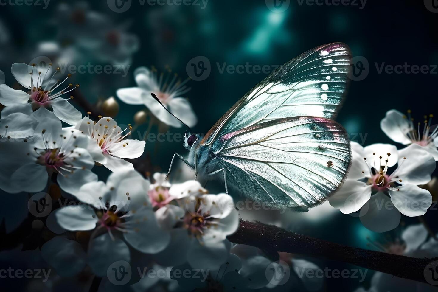 blühen Sakura. Ast von blühen Sakura und hell Blau Morpho Schmetterling. neural Netzwerk ai generiert foto