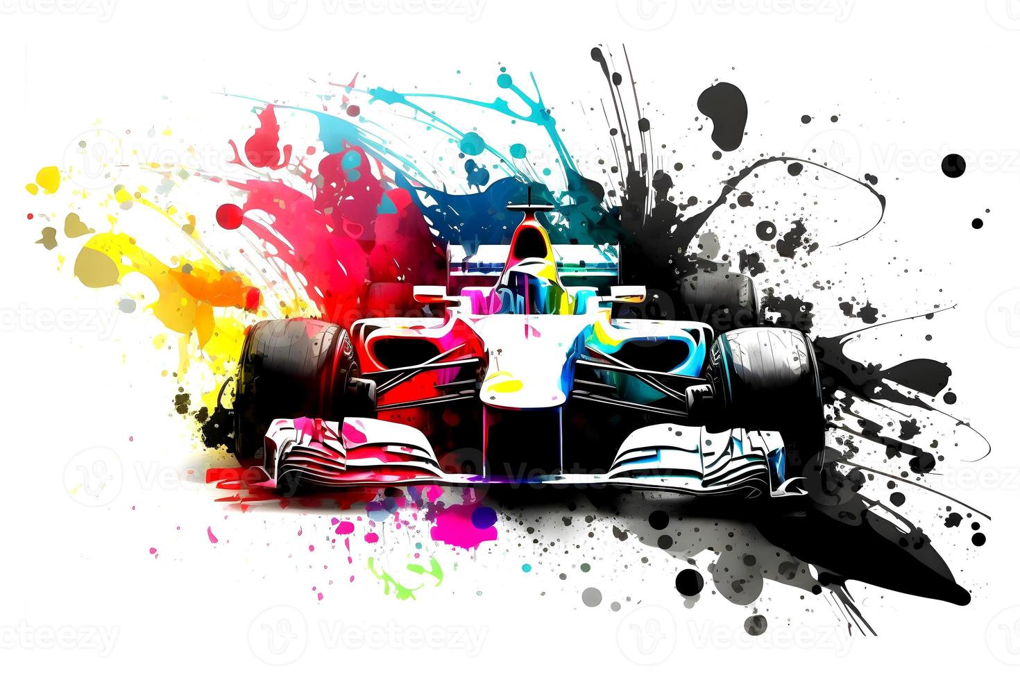 Formel einer Rennen rot Auto auf Aquarell Regenbogen Spritzen, isoliert auf Weiß. neural Netzwerk generiert Kunst foto