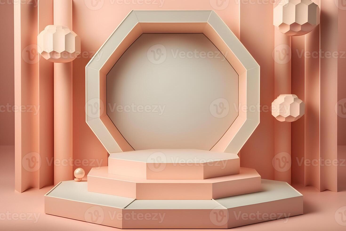abstrakt minimal Szene - - leeren Bühne, Zylinder Podium und Kreis gestalten auf Rosa Hintergrund. neural Netzwerk ai generiert foto