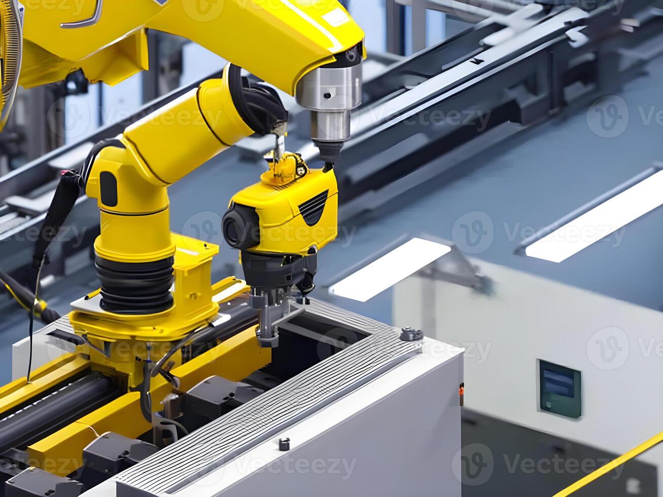 modern hoch Technik industriell Roboter Arm auf das Fabrik Produktion Linie Produktion Linie ist Sein geschweißt. generativ ai. foto