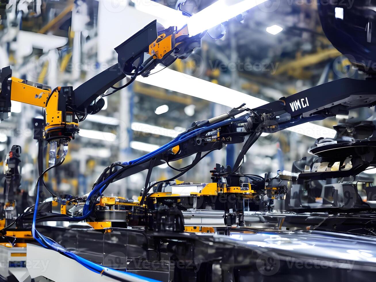 modern hoch Technik industriell Roboter Arm auf das Fabrik Produktion Linie Produktion Linie ist Sein geschweißt. generativ ai. foto