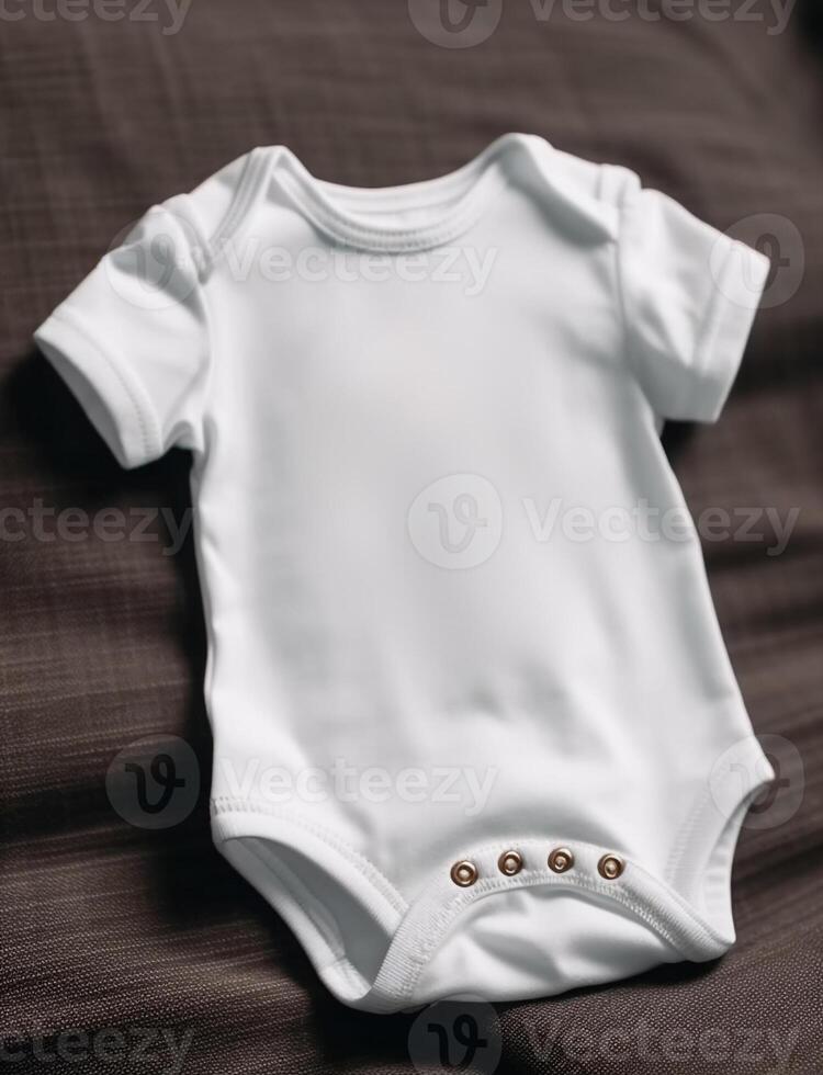 Attrappe, Lehrmodell, Simulation von Weiß Baby Bodysuit auf dunkel Hintergrund. ai generiert Illustration. foto