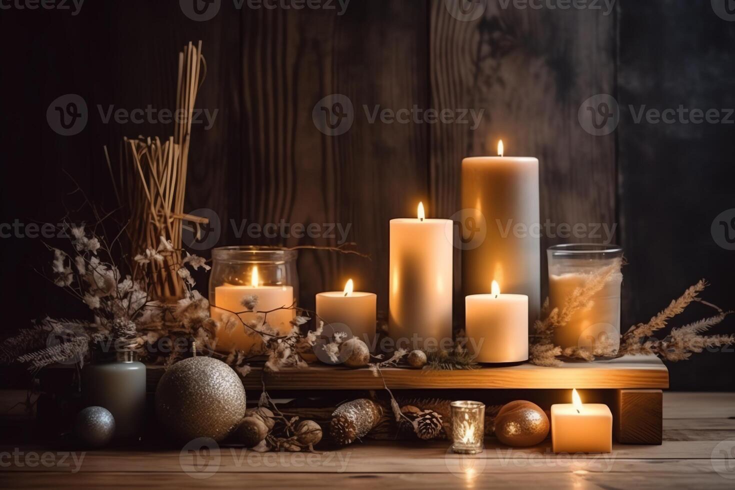 Weihnachten Dekor mit Kerzen und Geäst auf Holz modern Ornamente festlich Sozial Medien Banner mit Negativ Raum ai generiert foto