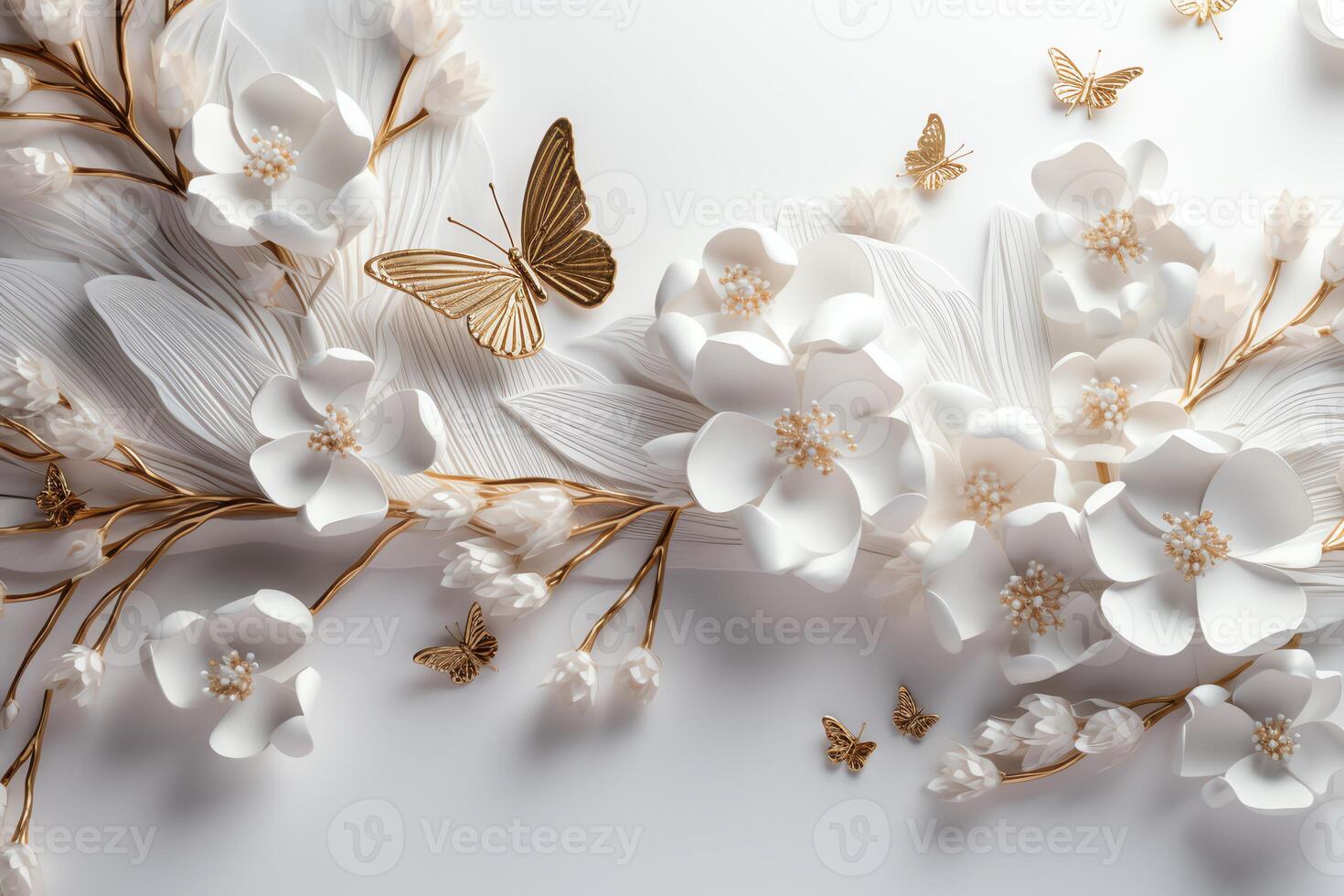 3d Weiß Schmuck Blumen Hintergrund mit golden Geäst und Schmetterlinge ai generiert foto