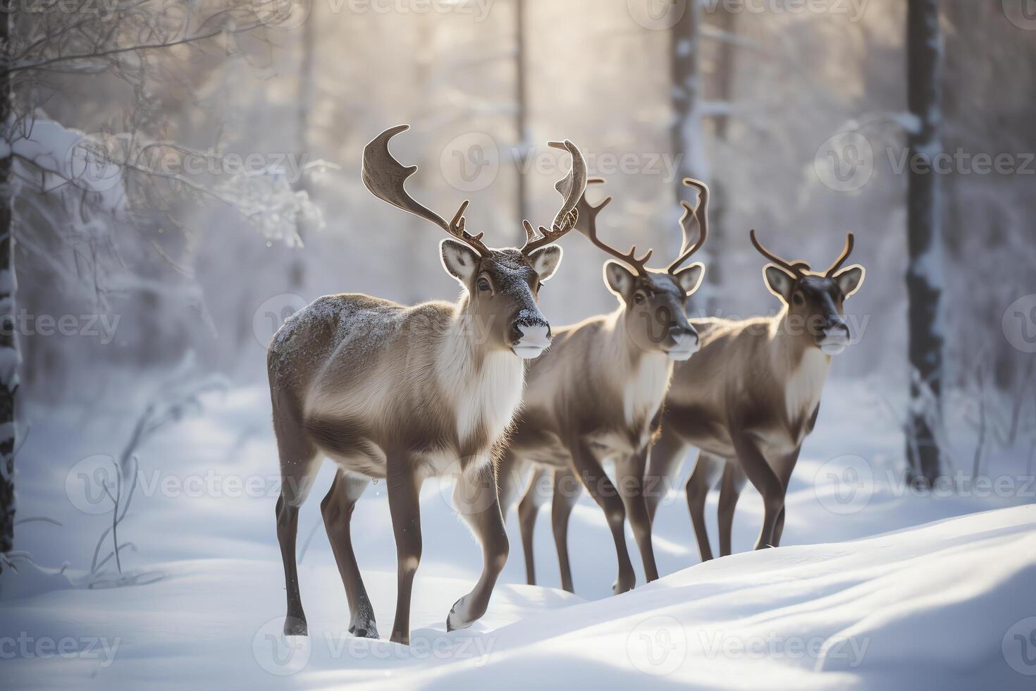entdeckt Rentier Gruppe Gehen im schneebedeckt Russisch Terrain Weihnachten Urlaub ai generiert foto