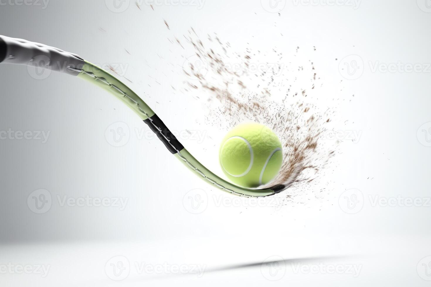 3d Rendern von Tennis Ball Sein schlagen durch Schläger auf Weiß Hintergrund. ai generiert foto