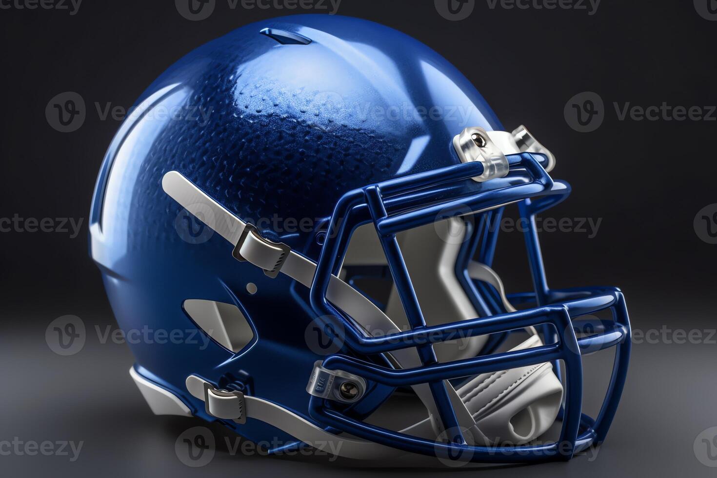 3d gerendert metallisch Blau amerikanisch Fußball Helm isoliert auf grau Hintergrund. ai generiert foto
