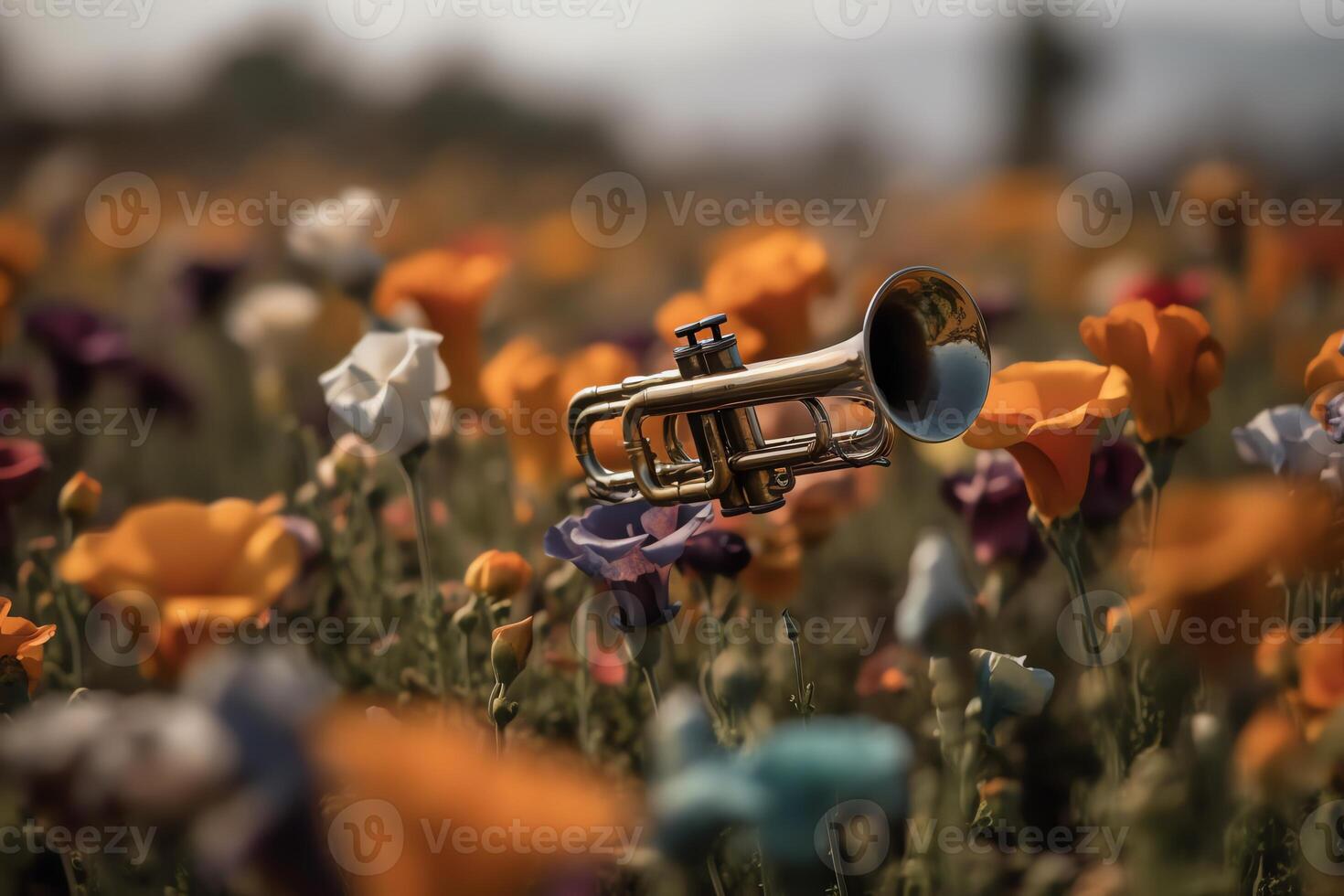 ein Trompete schließen oben inmitten ein Feld von Blumen mit ein dunstig Hintergrund von sortiert blüht. ai generiert foto