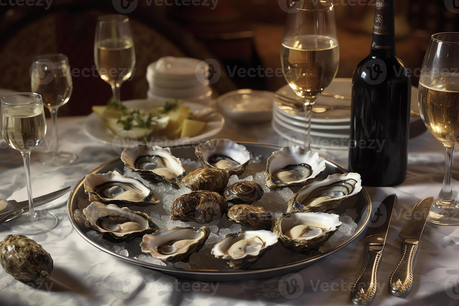 Austern und Wein beim ein lebhaft Meeresfrüchte Restaurant. ai generiert foto