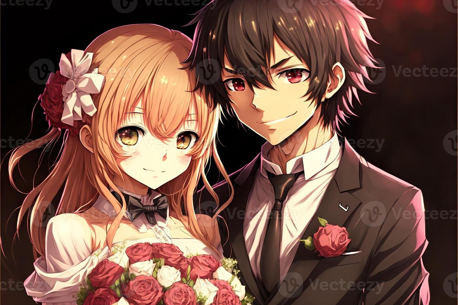 Illustration von ein sehr jung Anime Paar auf Valentinstag Tag ist umarmen und halten ein Strauß, Gala Kleider ai generiert foto