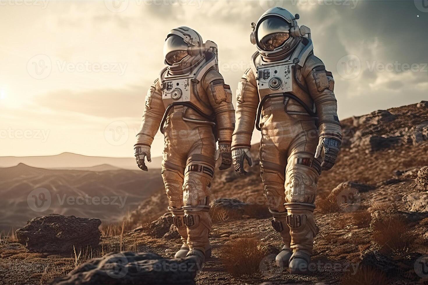 zwei Astronauten gehen auf das Oberfläche von Mars, das Planet Mars und das Expedition zu Mars, generativ ai. foto