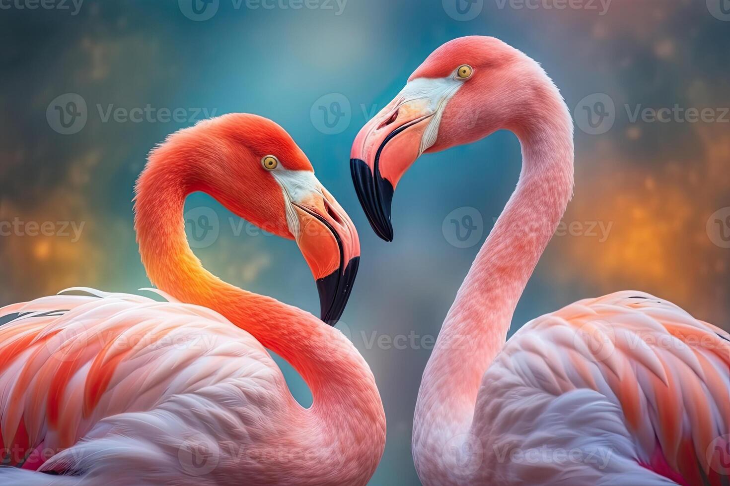 schließen oben Porträt von zwei Flamingo Vogel auf Pastell- farbig Hintergrund. generativ ai foto