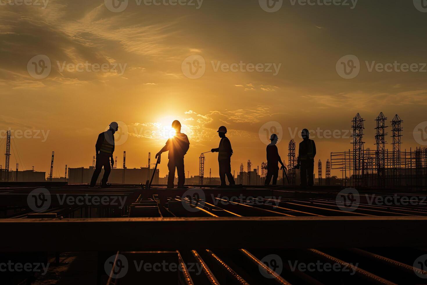 Silhouetten von Ingenieure beim Konstruktion Seite? ˅ beim Sonnenuntergang. generativ ai foto