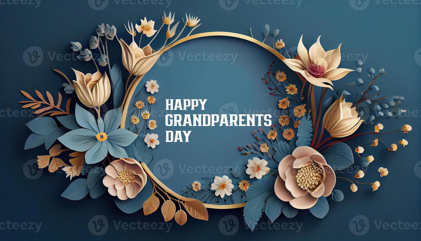 glücklich Großeltern Tag runden Rahmen gestalten schön Blumen auf Blau Papier Hintergrund. generativ ai foto