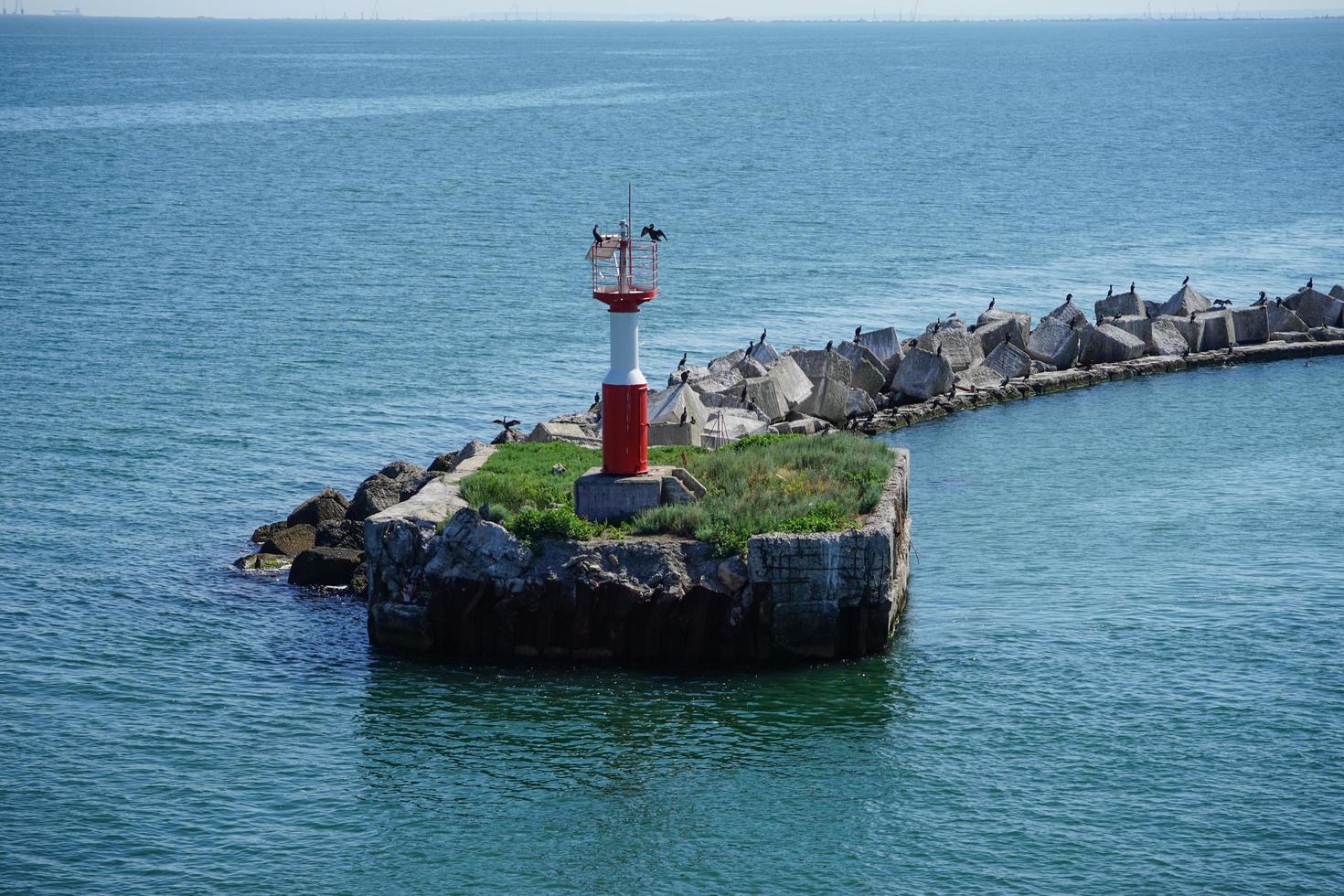 Meereslandschaft mit Blick auf den Leuchtturm und den Kormoran. foto