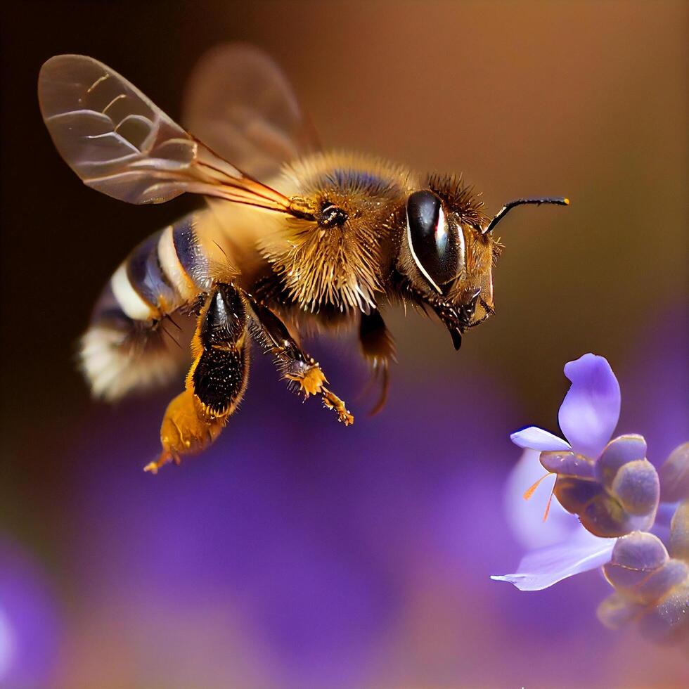 Honig Biene fliegen im das Garten mit Blume und Nektar ai generativ foto