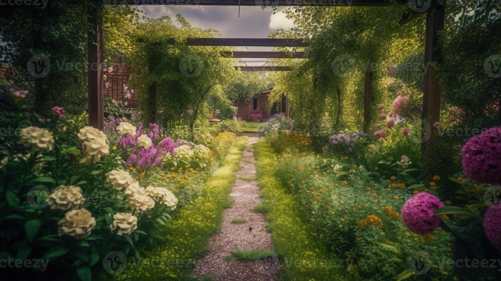 generativ ai, schön Sommer- Privat Garten mit viele Blumen und Pflanzen, Natur Landschaft, Englisch Landschaft Hütte Stil foto