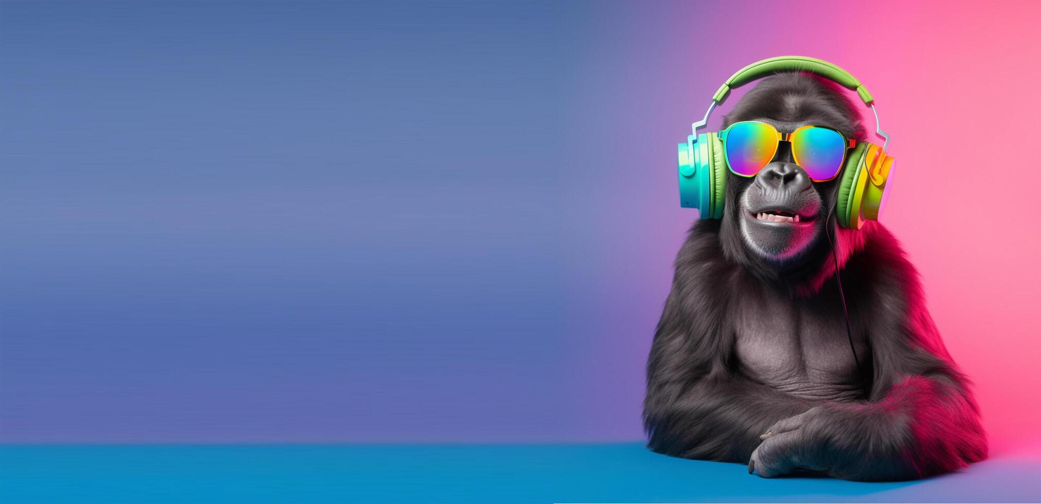 schließen oben Porträt von Gorilla tragen Brille und Headset, angenehm Lächeln Ausdruck, Hören zu Musik- Konzept glücklich, auf bunt Kopieren Raum Hintergrund. generativ ai foto