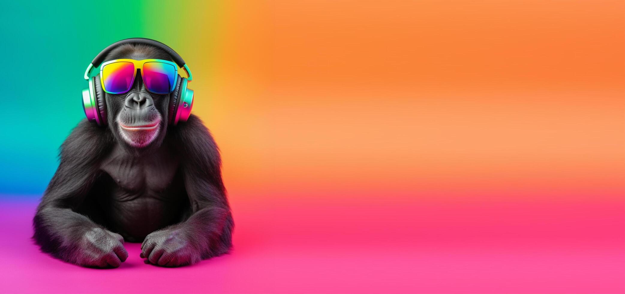 schließen oben Porträt von Gorilla tragen Brille und Headset, angenehm Lächeln Ausdruck, Hören zu Musik- Konzept glücklich, auf bunt Kopieren Raum Hintergrund. generativ ai foto