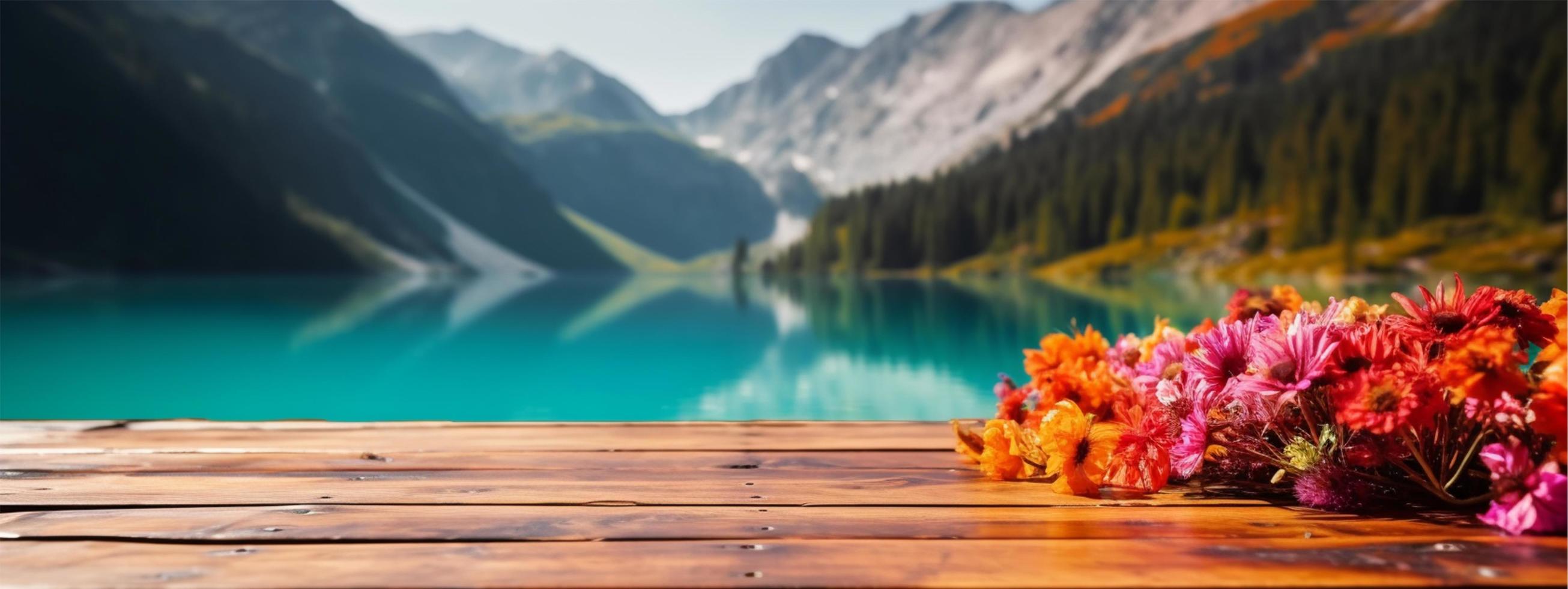 leeren hölzern Tabelle dekoriert mit bunt Blumen. verschwommen See und Berg Aussicht Hintergrund. Kopieren Raum. zum Produkt zeigt. Vorlagen, Medien, Drucken, usw., generieren ai foto