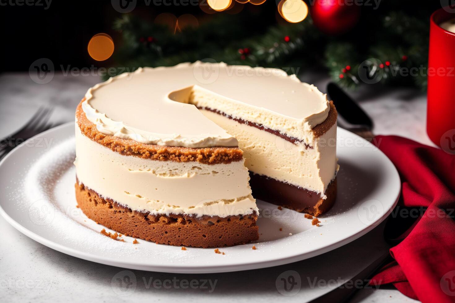 bayerisch Creme. gekocht Pudding. Stück von Weihnachten Käsekuchen mit Himbeeren auf ein hölzern Tisch. hausgemacht Kuchen mit Nüsse und Honig. generativ ai foto