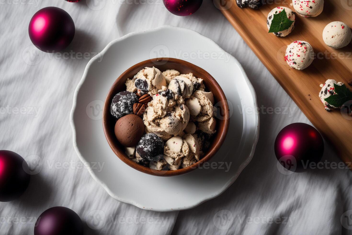 köstlich hausgemacht Eis Sahne mit Schokolade Chips im ein Schüssel auf ein hölzern Tisch. Süss Lebensmittel. generativ ai foto