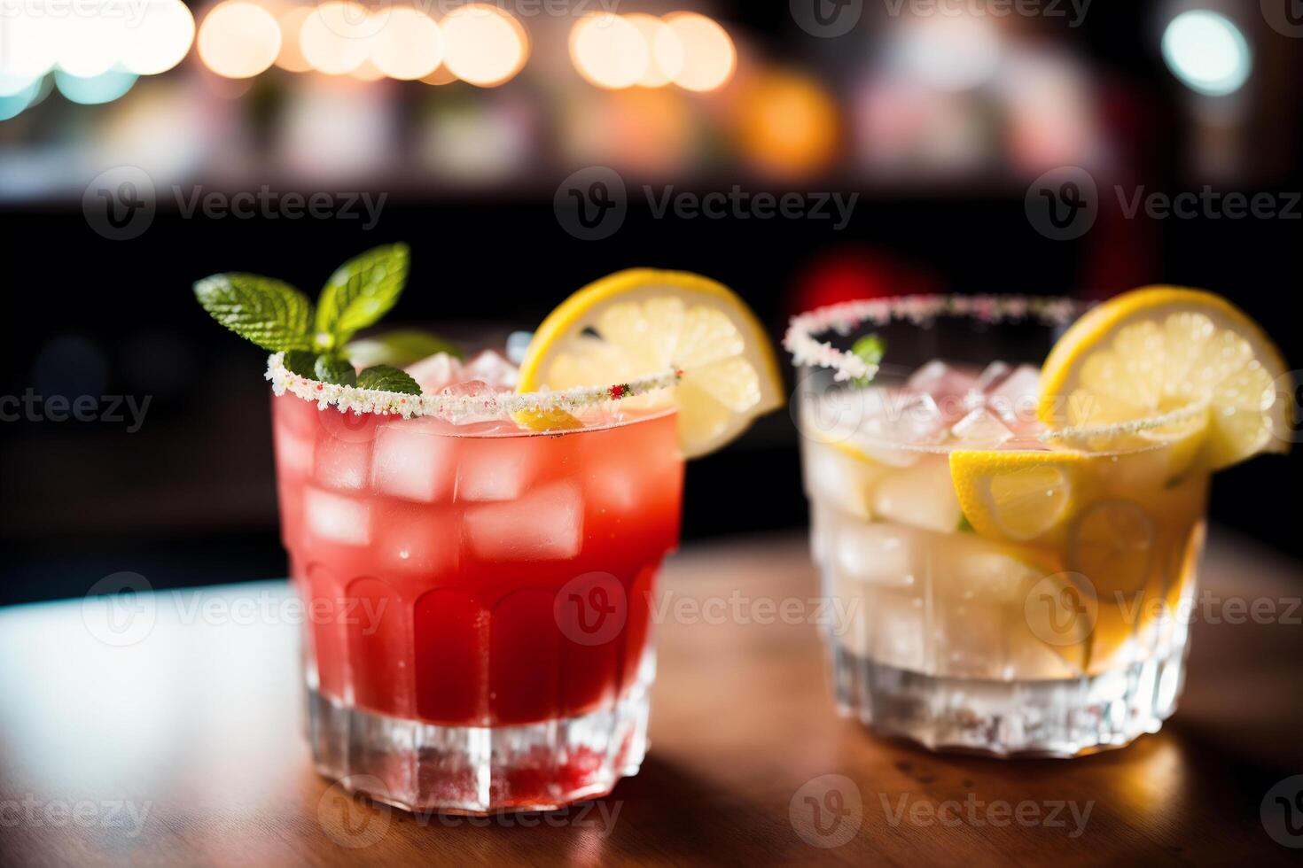 Alkohol Cocktail trinken auf das Tabelle im Restaurant mit Bokeh Hintergrund. generativ ai foto