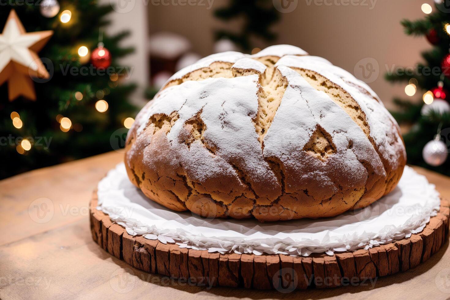 frisch gebacken Brot auf ein hölzern Planke, Nahansicht. Französisch Brot. Laib von Weiß Brot. generativ ai foto