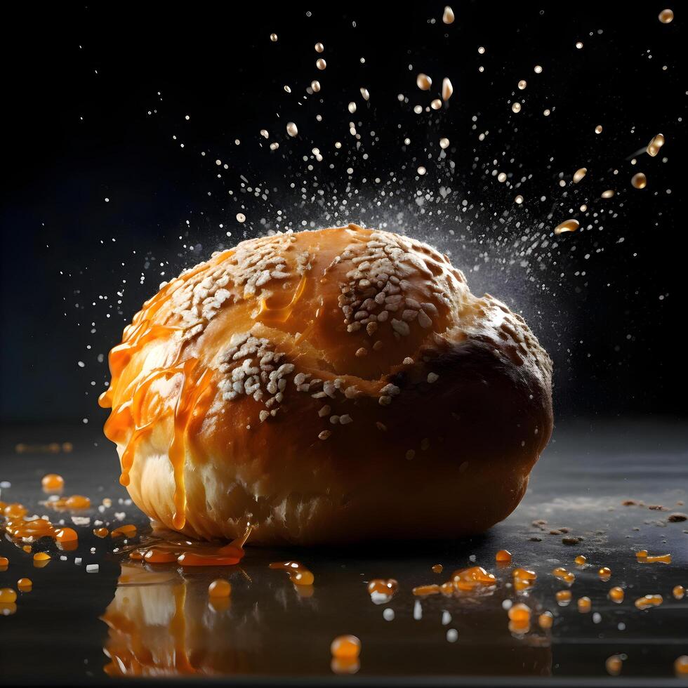 frisch Brot mit Sesam Saat auf ein schwarz Hintergrund mit Wasser Tropfen, ai generativ Bild foto