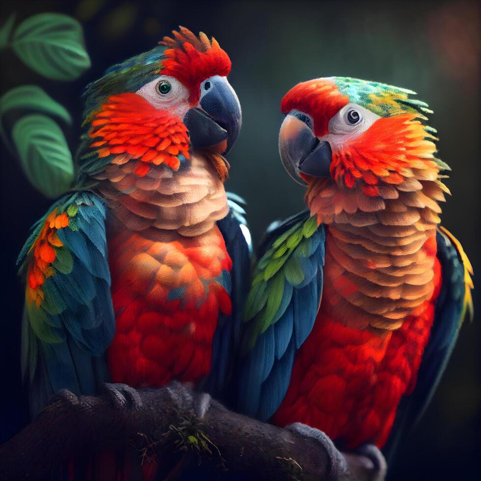 bunt Ara Papageien Sitzung auf ein Ast im das Wald, ai generativ Bild foto
