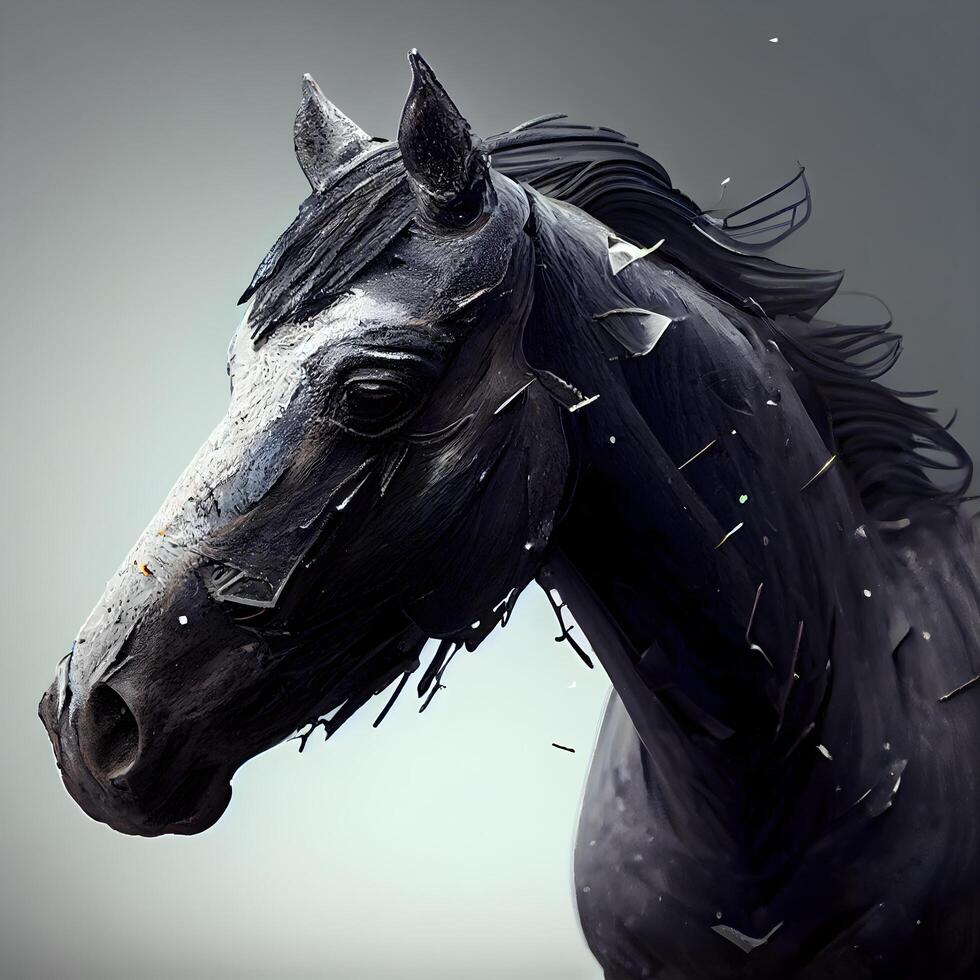 schwarz Pferd mit ein schwarz Mähne im das Hintergrund. 3d Wiedergabe, ai generativ Bild foto