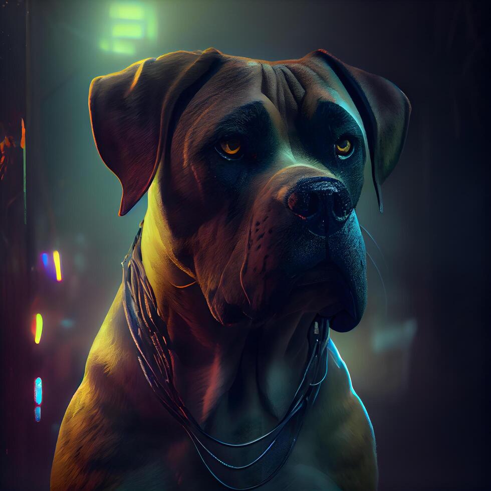 Boxer Hund Porträt im ein dunkel Zimmer mit Neon- Licht. Studio Schuss, ai generativ Bild foto