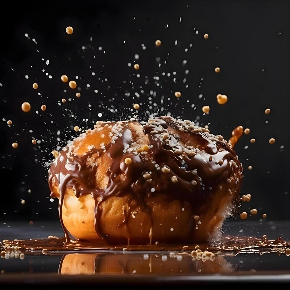 Nahansicht Aussicht von lecker Krapfen fallen in Mehl auf schwarz Hintergrund, ai generativ Bild foto