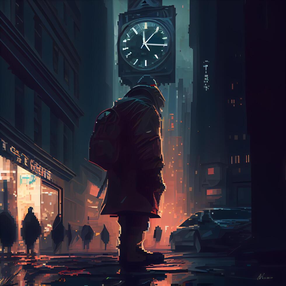 Mann im ein Regenjacke auf ein Stadt Straße mit ein groß Uhr, ai generativ Bild foto