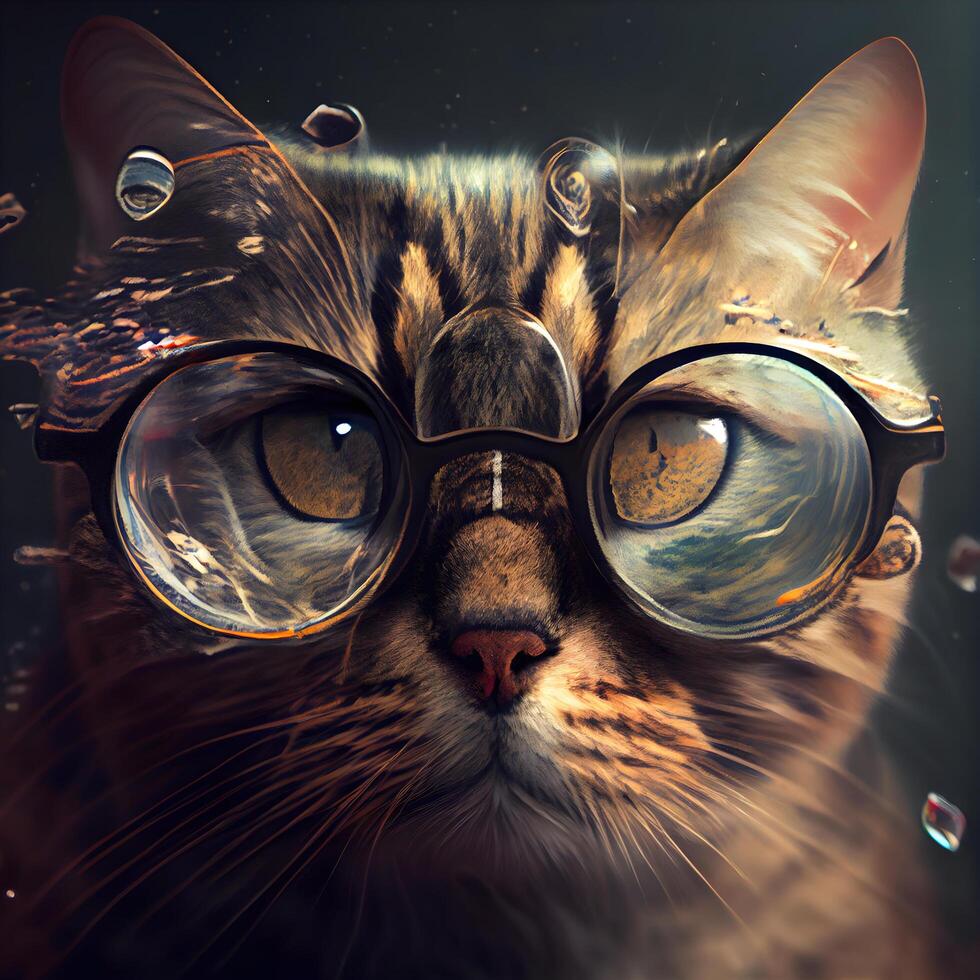 Porträt von ein schön Katze mit Brille auf das dunkel Hintergrund., ai generativ Bild foto