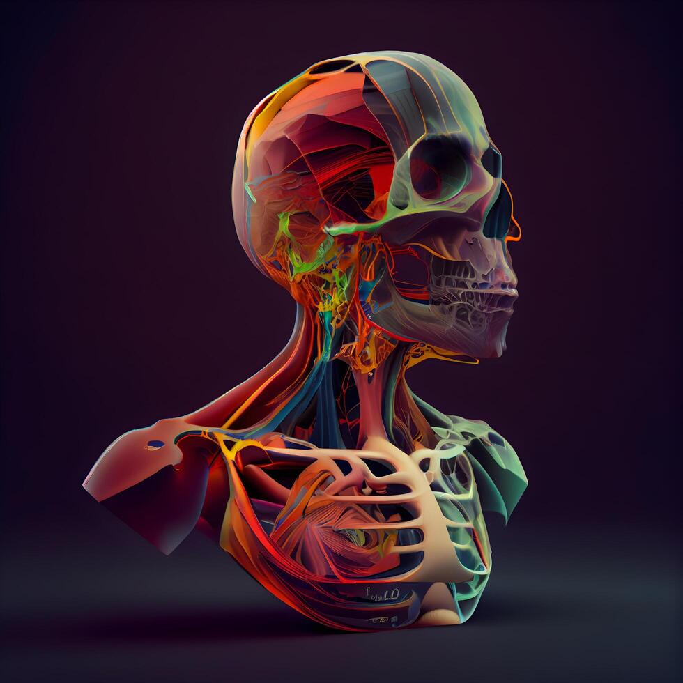 Mensch Skelett Anatomie, 3d machen, schwarz Hintergrund, Vorderseite Sicht, ai generativ Bild foto