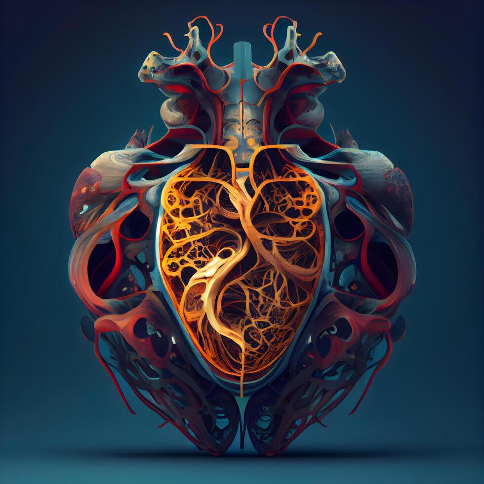 Mensch Herz Anatomie auf dunkel Blau Hintergrund. 3d Illustration, 3d machen, ai generativ Bild foto