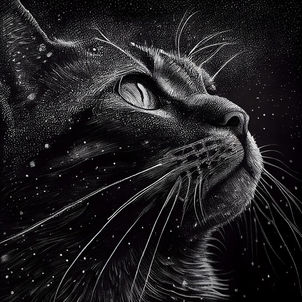 schwarz Katze auf ein schwarz Hintergrund mit Sterne im das Nacht. Hand Zeichnung, ai generativ Bild foto