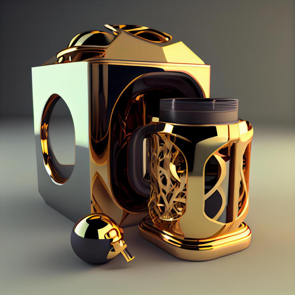 3d Illustration von ein schwarz und Gold 3d Grafik mit golden Musik- Spieler, ai generativ Bild foto