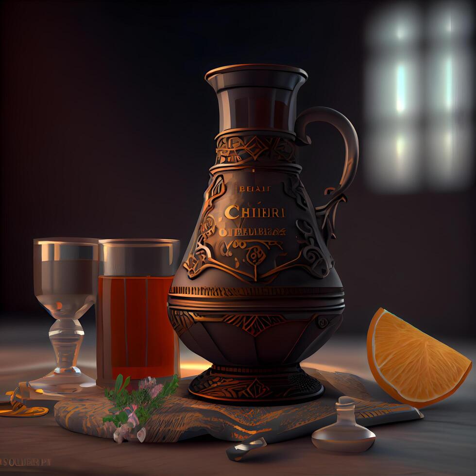 Illustration von ein Vase und ein Glas von Wein auf ein dunkel Hintergrund, ai generativ Bild foto