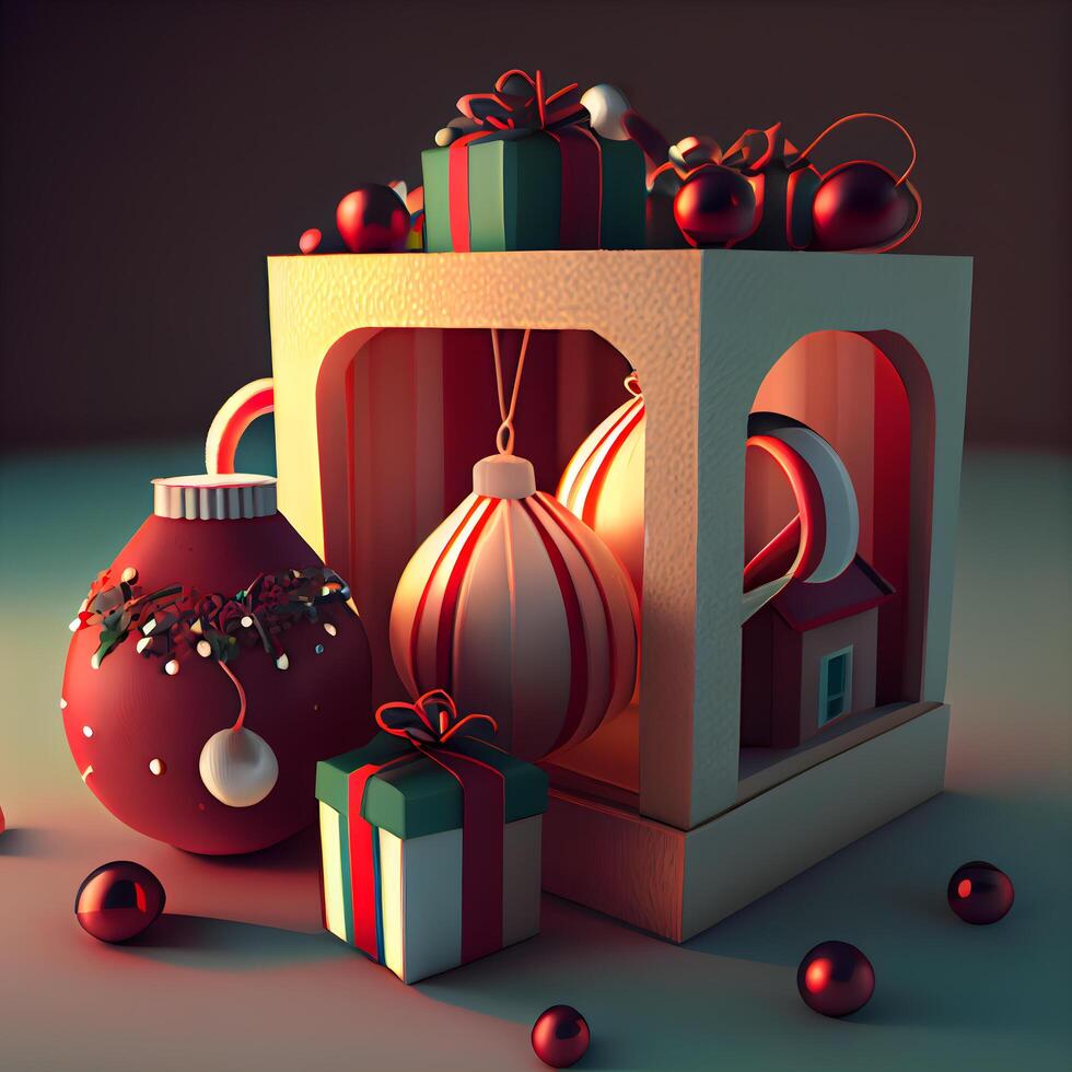 Weihnachten Geschenk Box mit Weihnachten Ornamente. 3d machen, ai generativ Bild foto