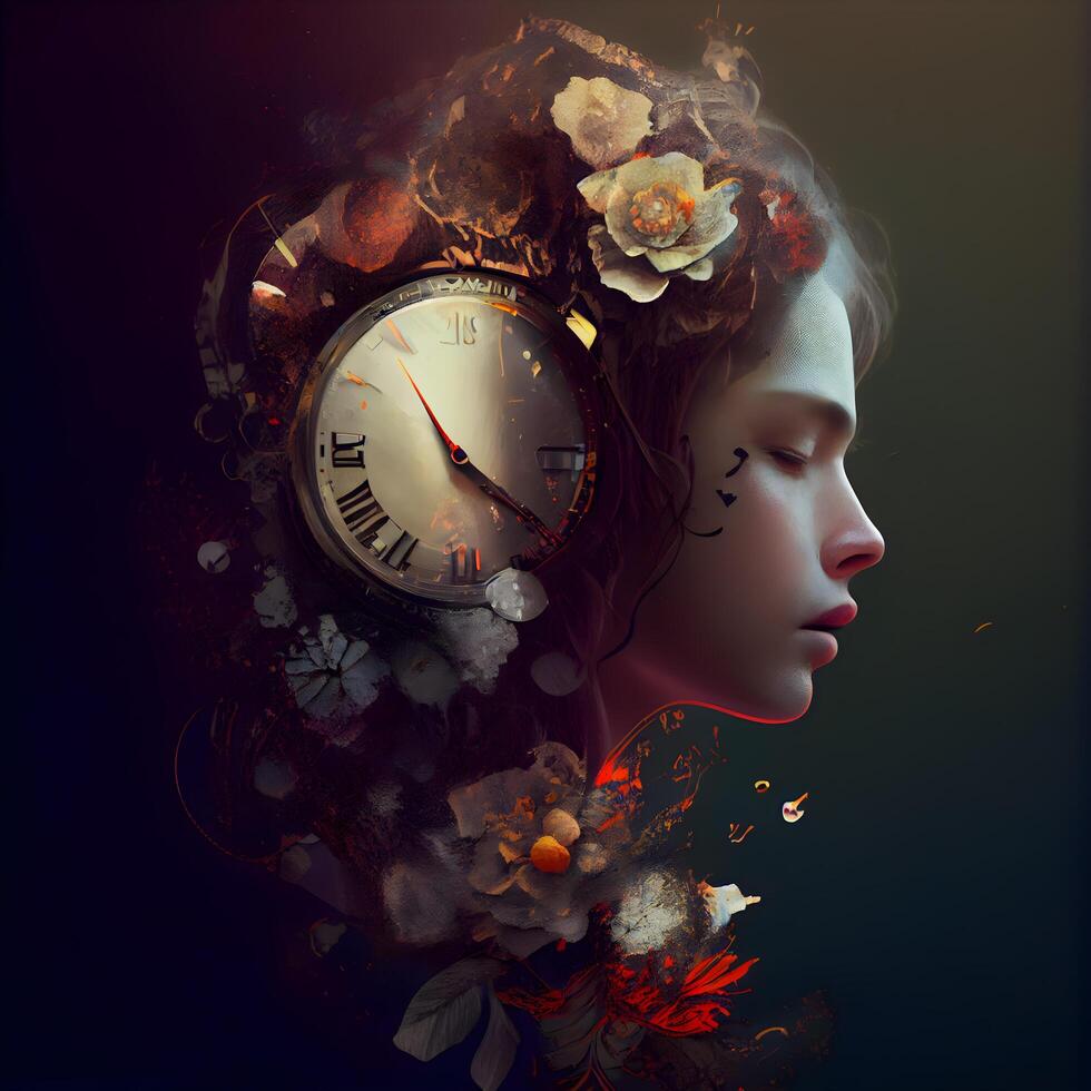 schön Gesicht von jung Frau mit Uhr und Blumen. Zeit Konzept, ai generativ Bild foto