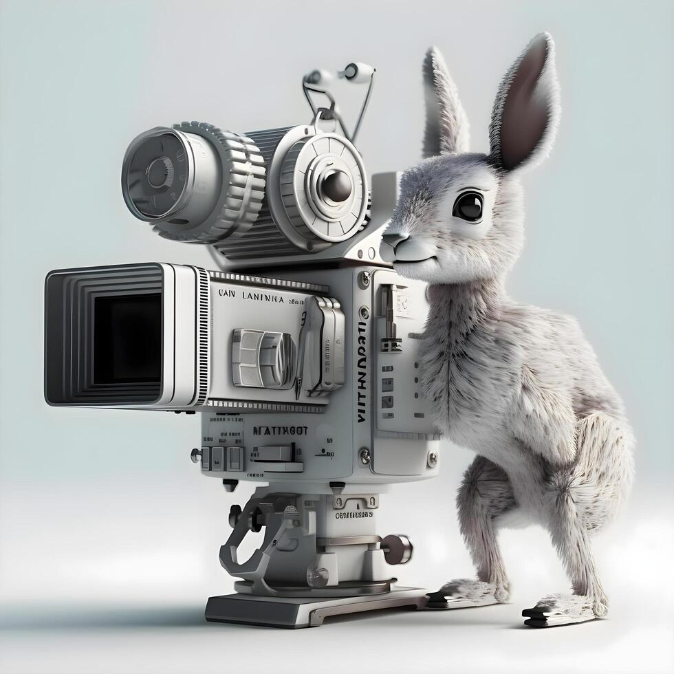 3d Rendern von ein Hase mit ein Kamera auf ein grau Hintergrund, ai generativ Bild foto