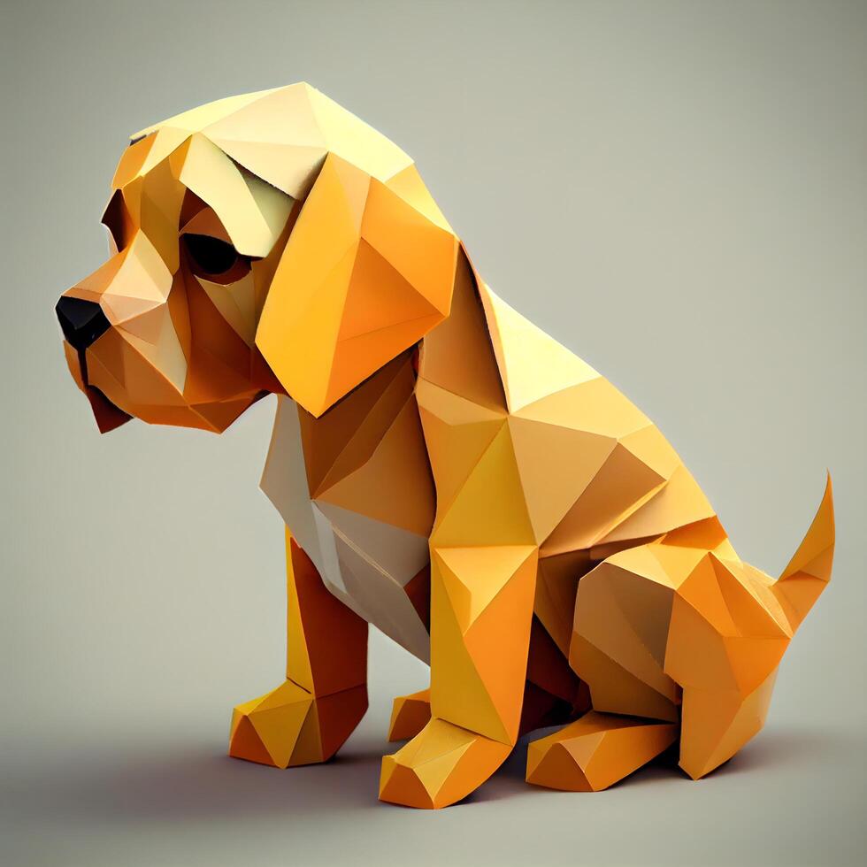 niedrig poly golden Hund isoliert auf grau Hintergrund. 3d Illustration., ai generativ Bild foto